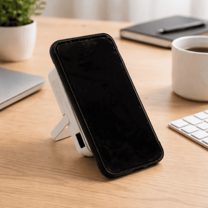 A wireless charging power bank in white, with a smartphone mounted on it, set on a wooden desk.