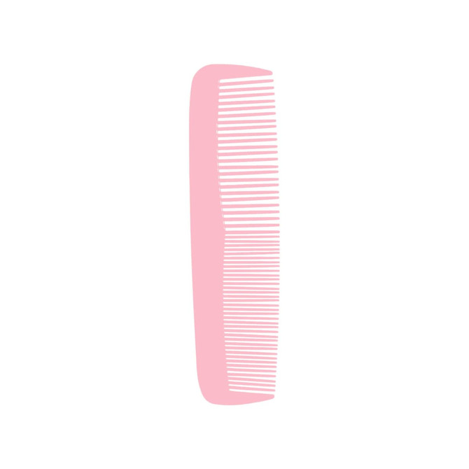 A pink custom blended-tooth comb with a smooth design and fine teeth for styling. Features a logo.
