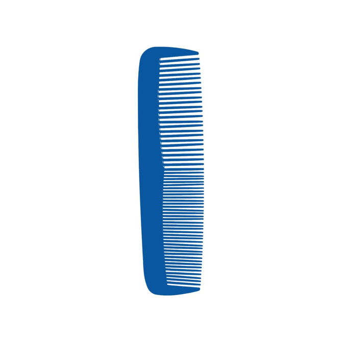 A blue, custom blended-tooth comb with a smooth handle and fine teeth, featuring a logo.