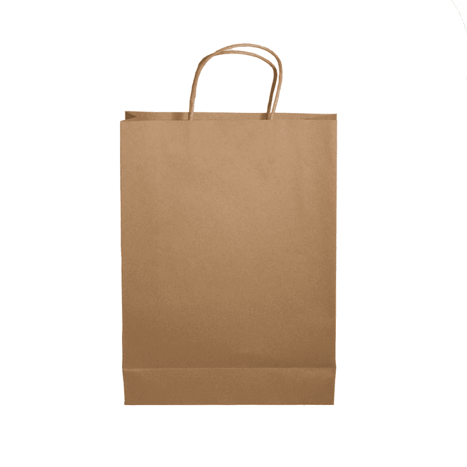 A brown paper show bag with a flat base and two handles. It features a simple design and no visible logos.