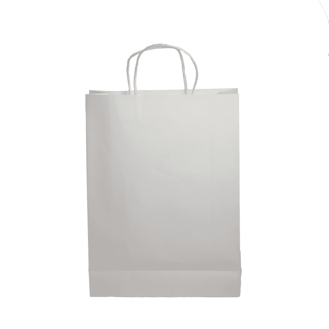 A white paper show bag with two handles, featuring a plain design and no visible branding.