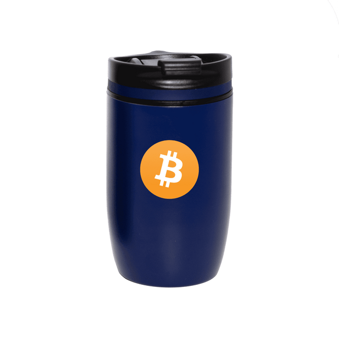 A drink bottle in navy blue with a black lid and a logo featuring a Bitcoin symbol.