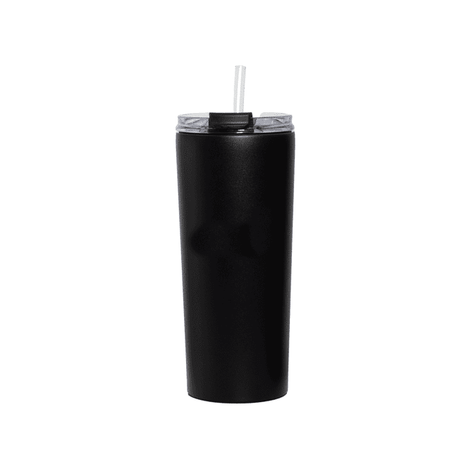 A drink bottle in sleek black finish with a clear lid and straw, featuring a branding logo.