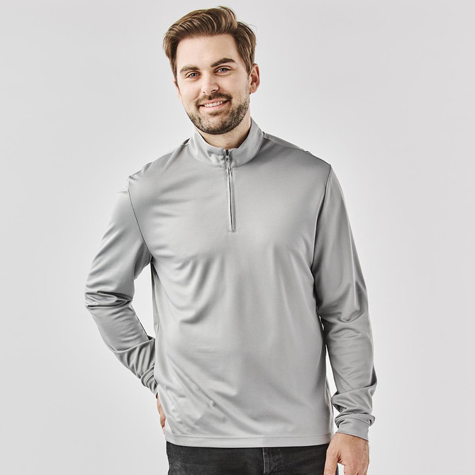 A light grey men's 1/4 zip pullover jumper with long sleeves and a collar, featuring a logo.