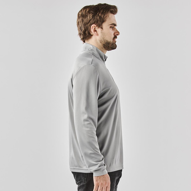 A light grey 1/4 zip pullover for men, featuring a sleek design and a logo on the chest.