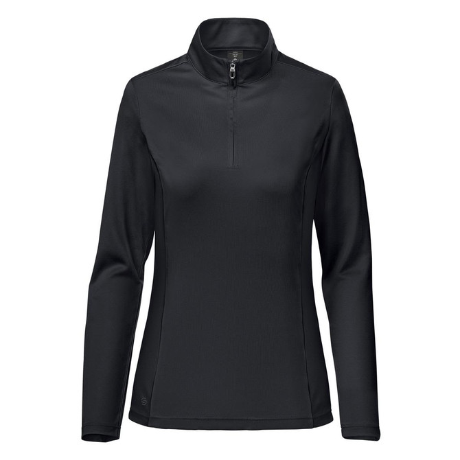 A women's black 1/4 zip pullover with long sleeves, featuring a logo on the side.