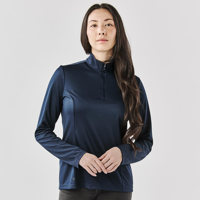 Navy women's pullover with a quarter zip and long sleeves, featuring a logo on the front.