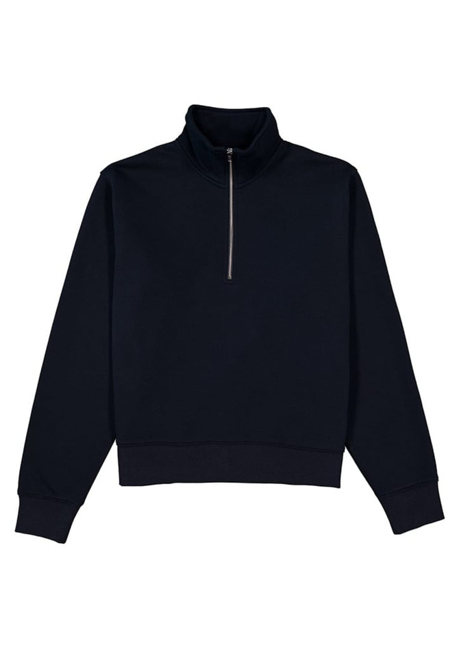 A navy women's jumper featuring a 1/4 zip and a high collar, complete with long sleeves.