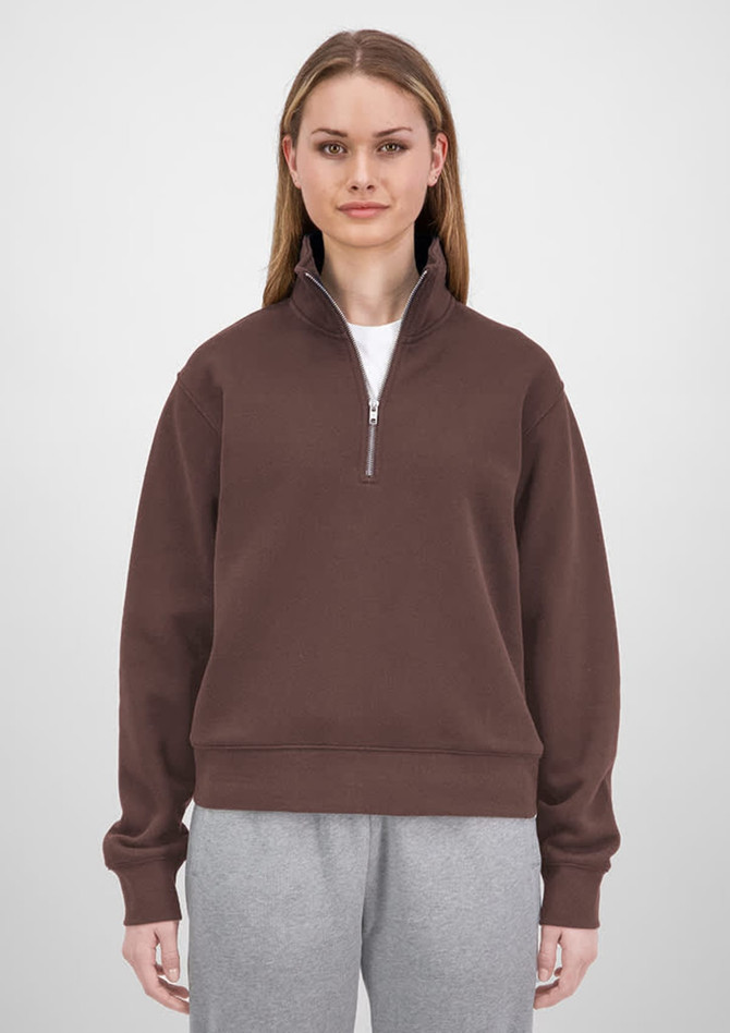 A brown zip-up women's jumper with a high collar and long sleeves, featuring a relaxed fit.