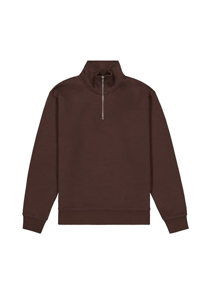A brown 1/4 zip jumper with a high collar and long sleeves, featuring a branding logo.