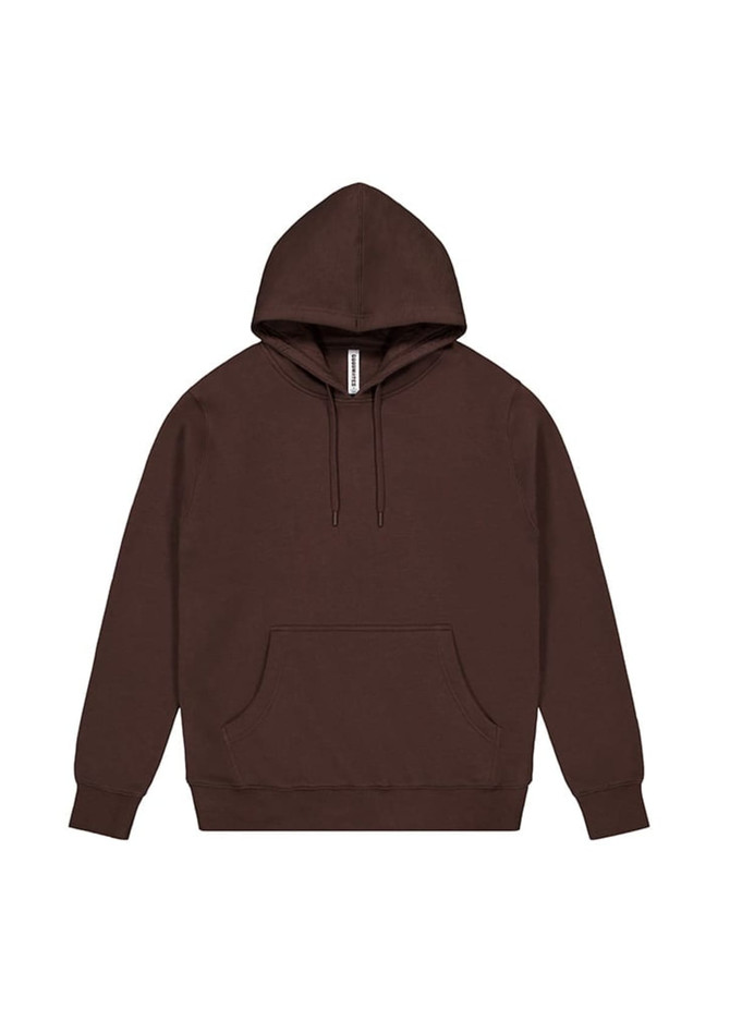A brown hoodie with a front pocket, adjustable drawstrings, and a hood. It features a logo.