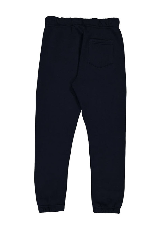 Navy track pants with an elasticated waist and a single back pocket, featuring a logo.