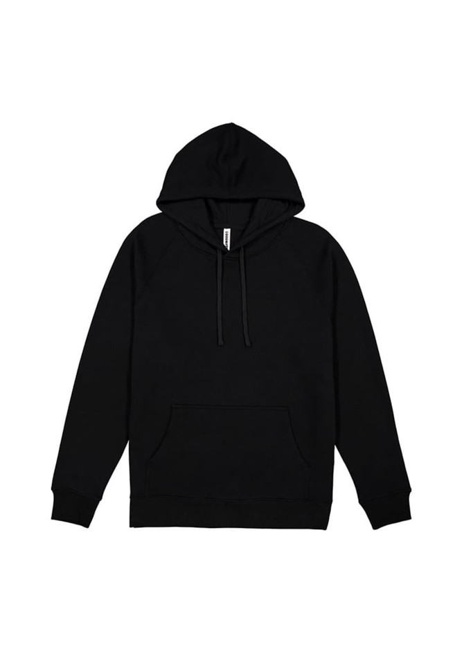 A black hoodie featuring a front pocket and a hood, with a simple design and a logo.