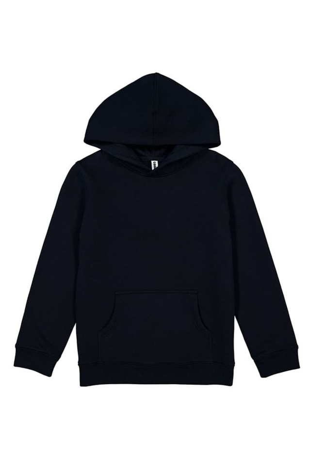 A navy blue kids' hoodie featuring a front pocket and a drawstring hood. It has a logo on the design.