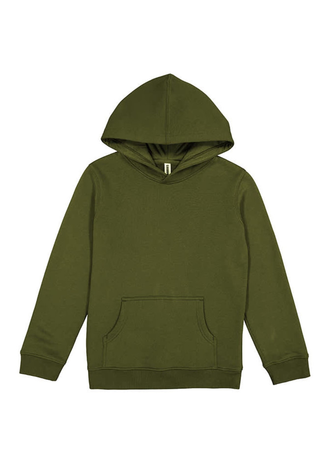A green hoodie featuring a front pocket and a hood, with a simple design and no visible branding.