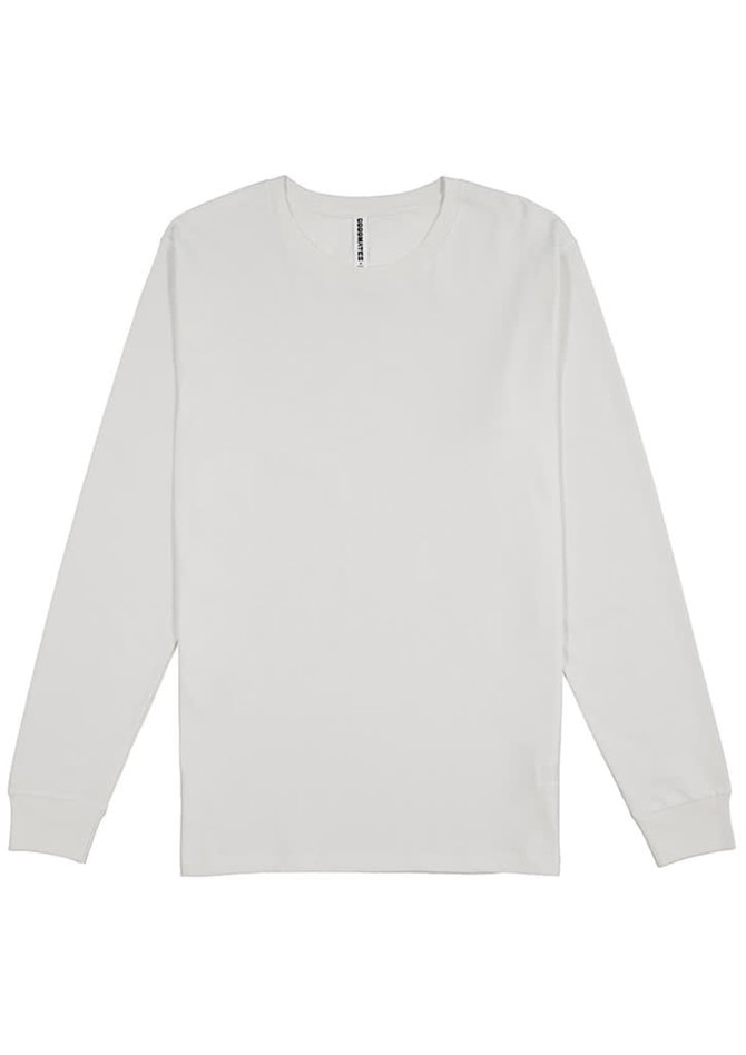 A plain white long sleeve tee with a crew neckline and a logo on the label.