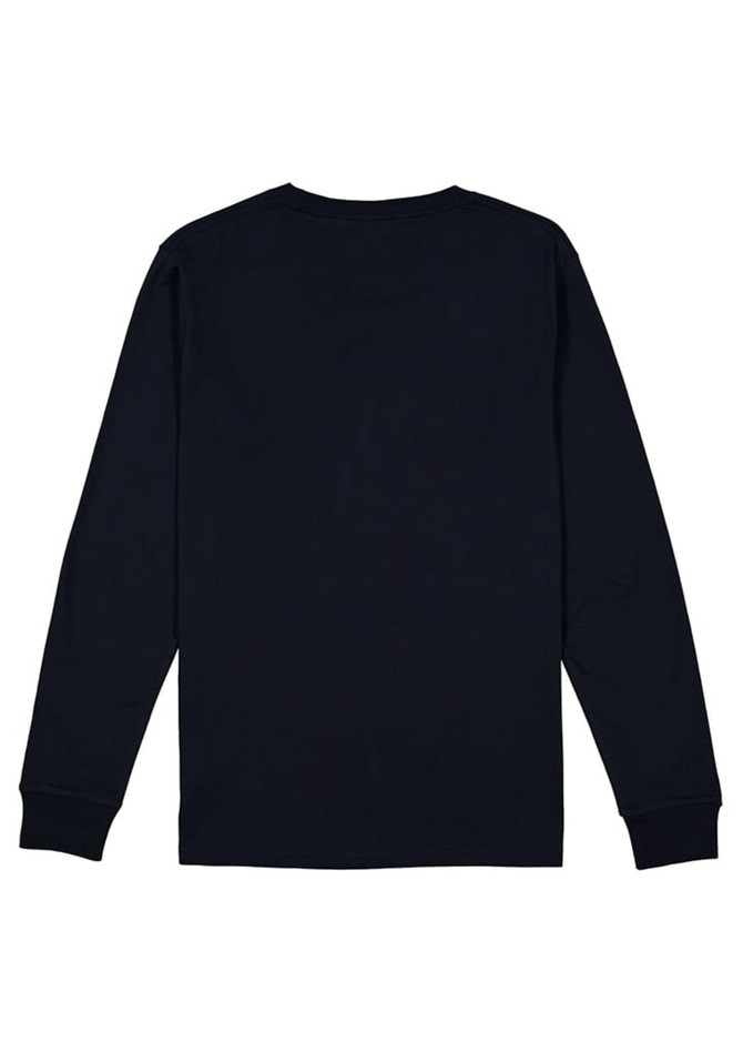A long sleeve tee in navy blue with a plain back design and fitted cuffs. Features a small logo on the label.