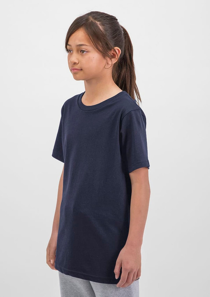 A navy short sleeve tee designed for youth, featuring a classic fit and simple styling.