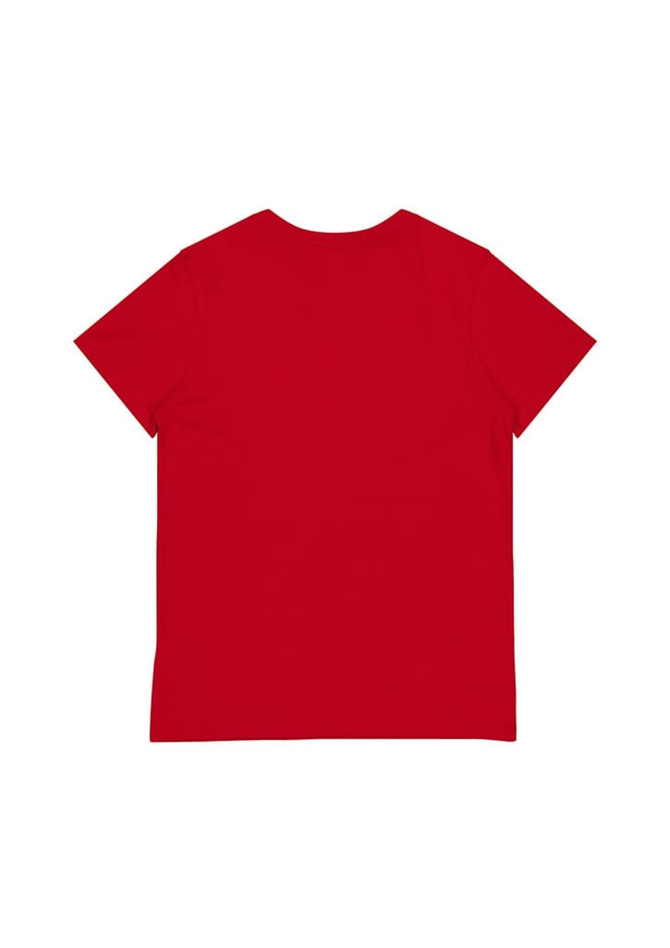 A red women’s short sleeve tee featuring a plain back design. Includes a logo on the label.