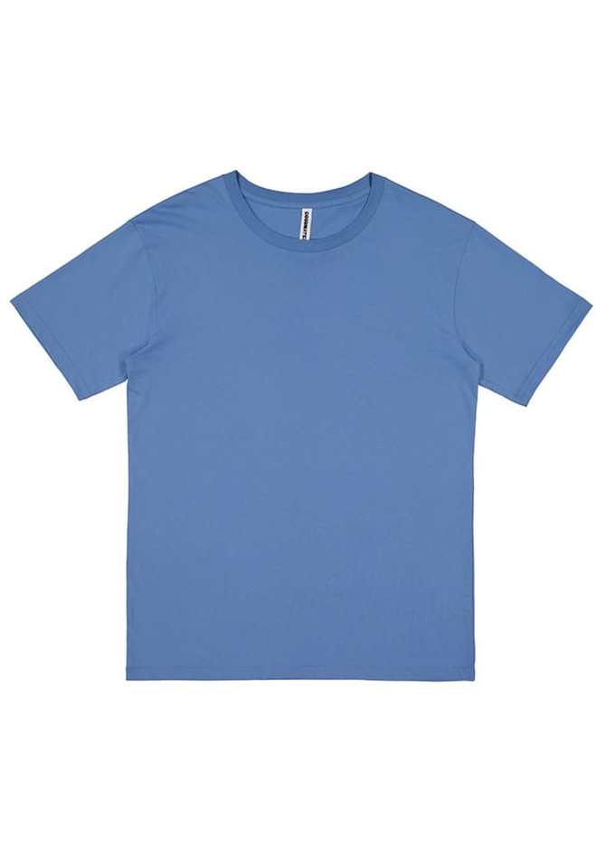 A blue short sleeve tee with a round neckline and a label inside, featuring a logo.