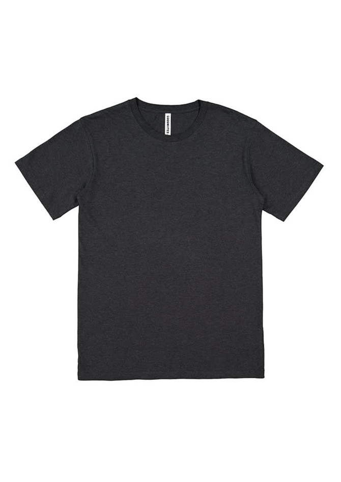 A black short sleeve t-shirt with a round neckline and a logo label on the inside.