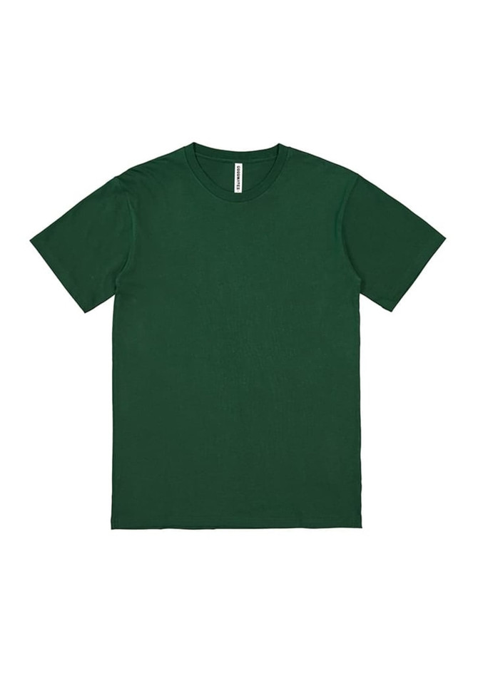 A green short sleeve t-shirt featuring a crew neck design and a logo on the label.