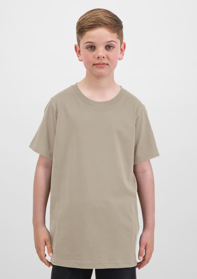 A light beige short sleeve tee for kids, featuring a plain design and a logo on the front.