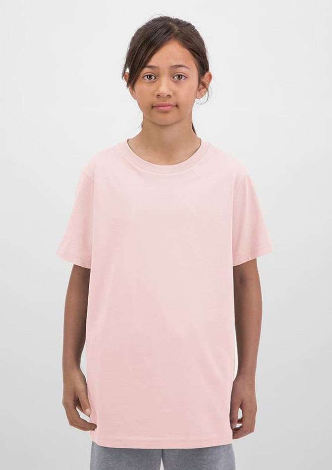 A short sleeve tee in a soft pink colour, featuring a simple design and a logo.