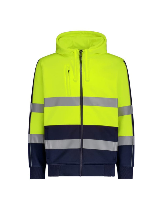 A unisex high visibility full zip hoodie in bright yellow with navy accents and reflective stripes. Features a hood and a logo.
