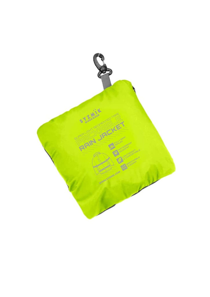 A packable rain jacket in bright yellow, featuring a logo and a clip for easy attachment.