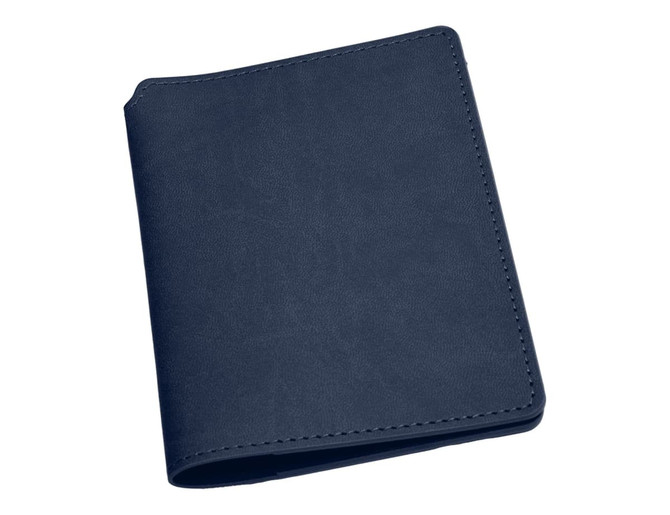 A navy blue passport wallet with a textured surface, featuring stitching and a logo on the front.