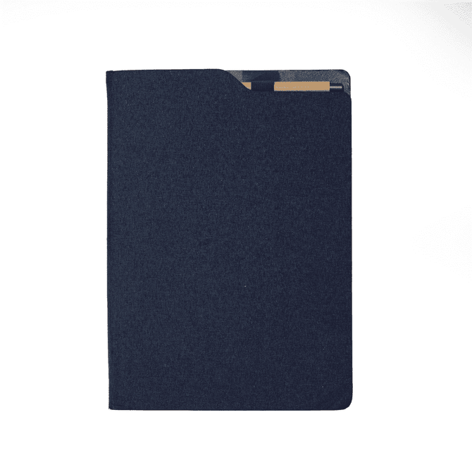 A navy blue A4 notebook with a smooth cover and a logo on the back.