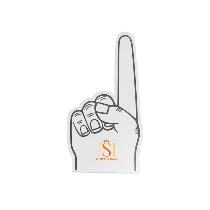 A giant foam hand in white and grey, featuring a raised finger and a logo in orange.