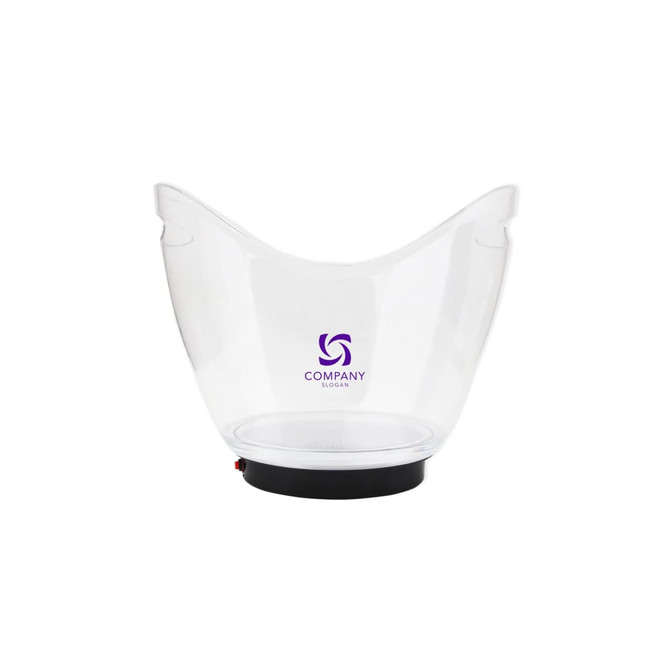 A clear acrylic ice bucket with a black base and a logo in the centre. It features a sleek, modern design.