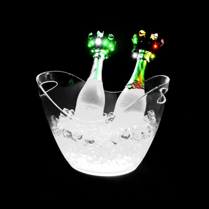 A LED ice bucket in clear colour, holding two bottles with decorative illuminated tops, filled with ice.