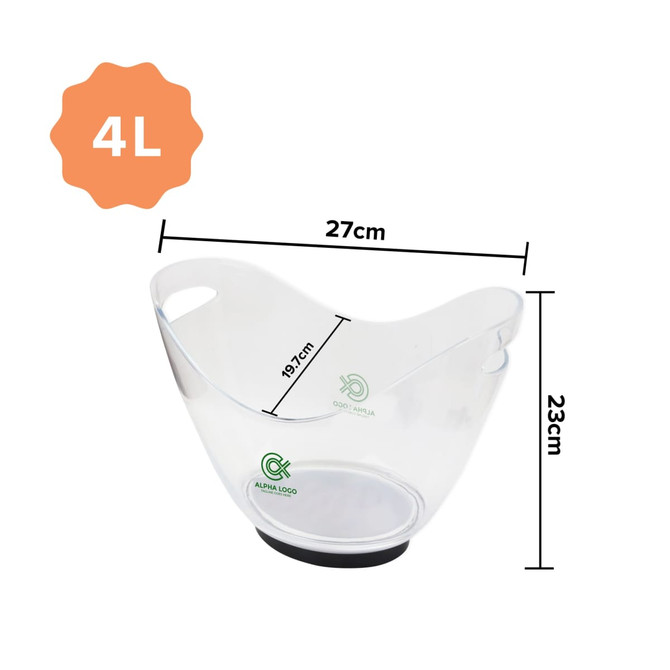 A clear, 4L LED ice bucket with a curved design, featuring handles and a logo. Measures 27cm by 23cm.
