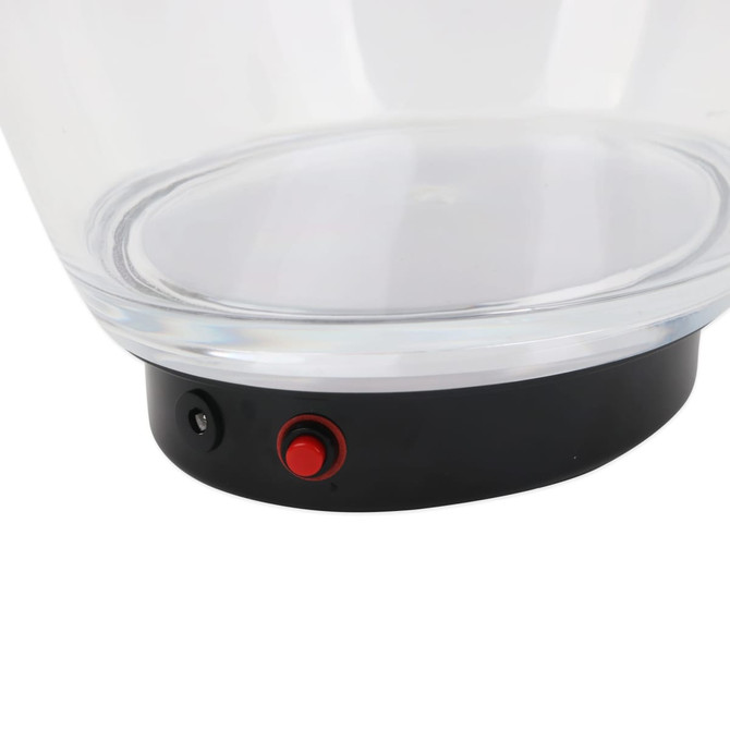 A transparent ice bucket with a black base featuring a power button, designed for LED lighting.