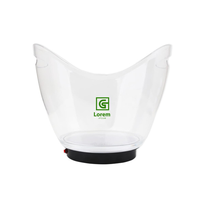 A transparent LED ice bucket with a black base and branding. It has a curved design and holds up to 8 litres.