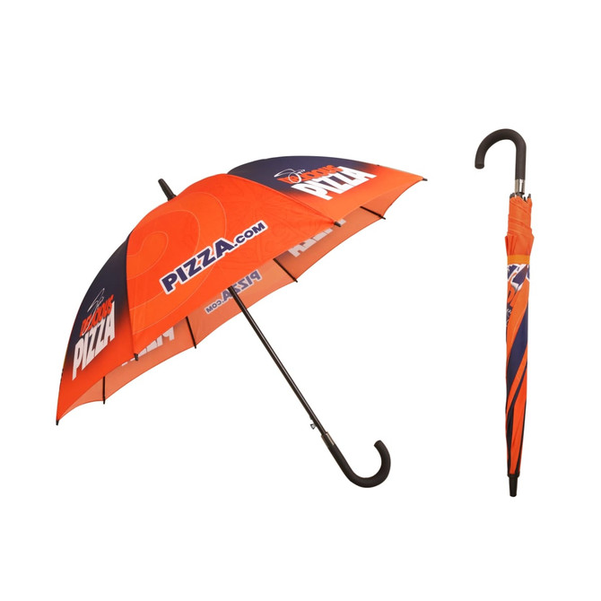 An eight-panel umbrella featuring orange and navy blue colours with a curved black handle and a logo.