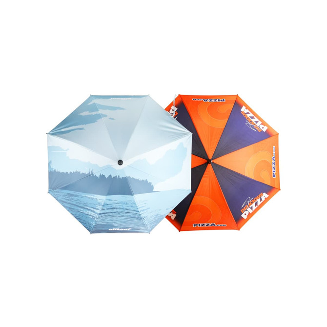 A classic eight-panel umbrella featuring an ocean scene in blue and an orange design with a pizza theme, includes branding.