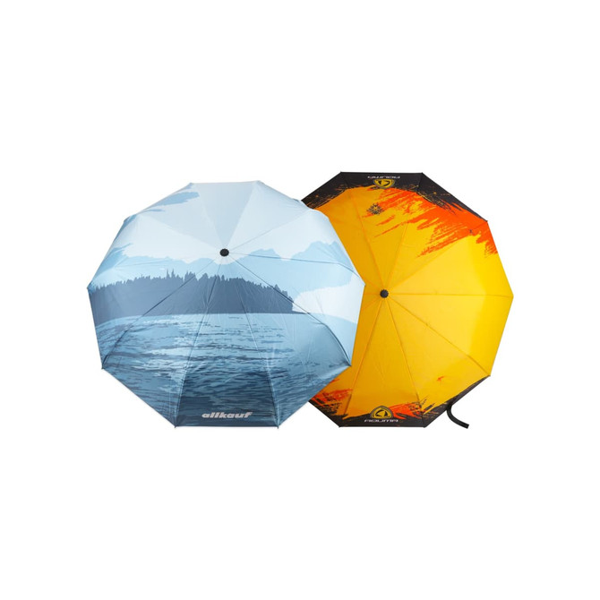 A folding ten-panel umbrella featuring a blue mountain and lake design on one side, and an orange and black abstract design on the other.