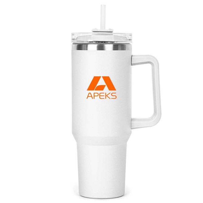 A drink bottle in white with a clear lid and straw, featuring a logo. It has a sturdy handle for easy carrying.