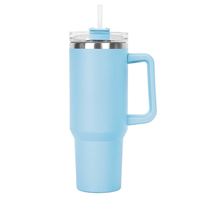 A drink bottle in light blue with a stainless steel rim and a clear lid featuring a straw.
