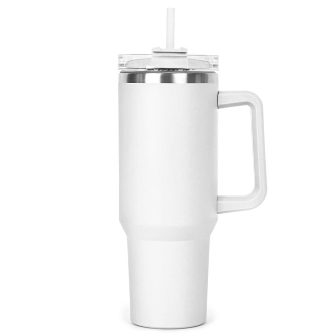 A drink bottle in white with a clear lid and straw, featuring a sturdy handle and a sleek design.