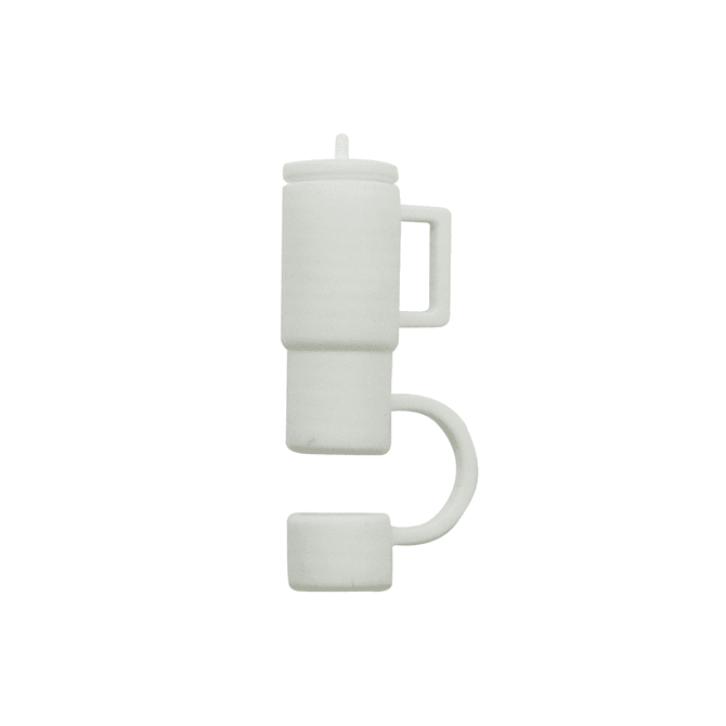 A drink bottle in white with a handle and a spout, featuring a logo. Ideal for hydration on the go.