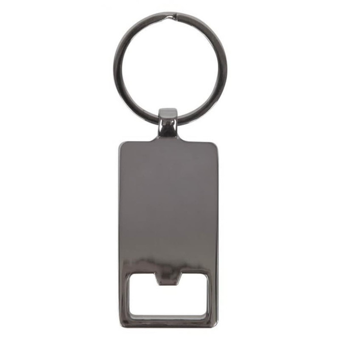 A rectangular silver keychain with a circular keyring attachment. It features a smooth, reflective surface.