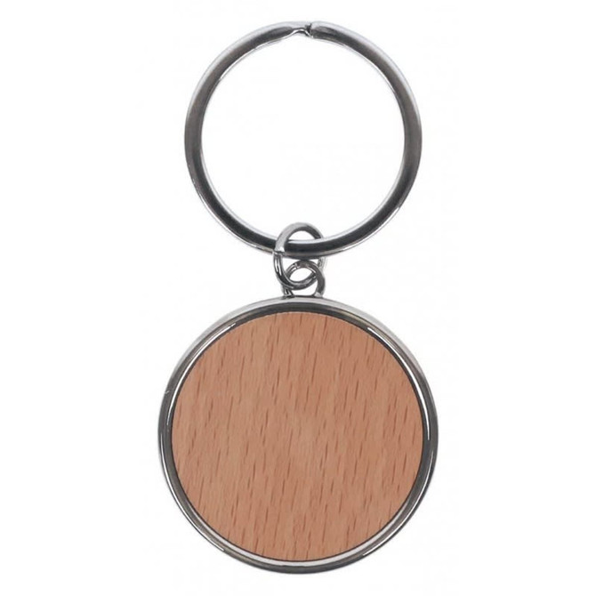 A round keychain with a silver metal finish and a wooden texture centre. It has a keyring attachment.