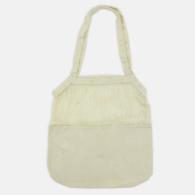 A light-coloured cotton shopping tote with a mesh top and sturdy handles, featuring a logo.