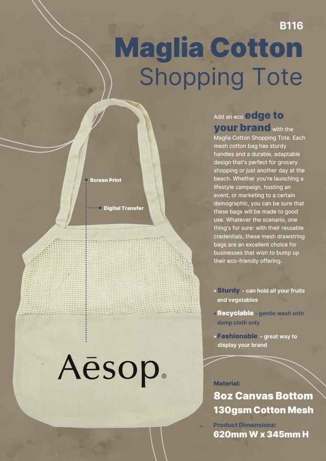 A cotton shopping tote in beige with sturdy handles and an eco-friendly design, featuring a logo. Dimensions provided.