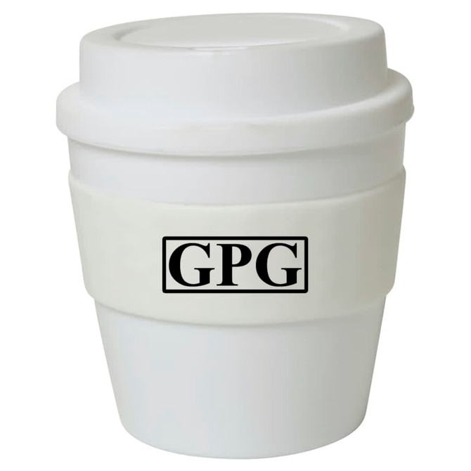 A drink bottle in white with a matching lid and a black logo, featuring an insulated grip band.